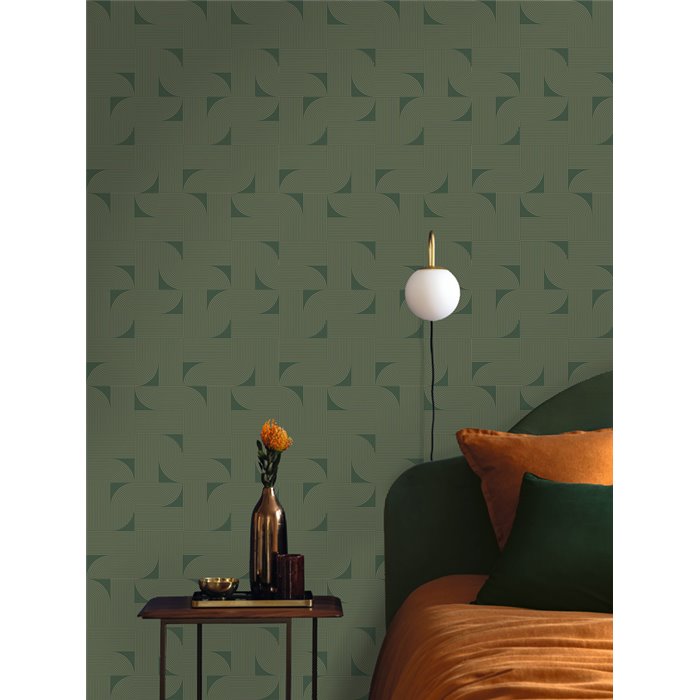 Caselio|Papier peint géométrique vert avec rayures dorées effet brillant|Papier Peint