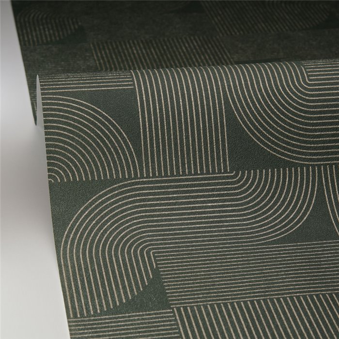 Caselio|Green geometric wallpaper with golden stripes, shiny effect|Wallpaper