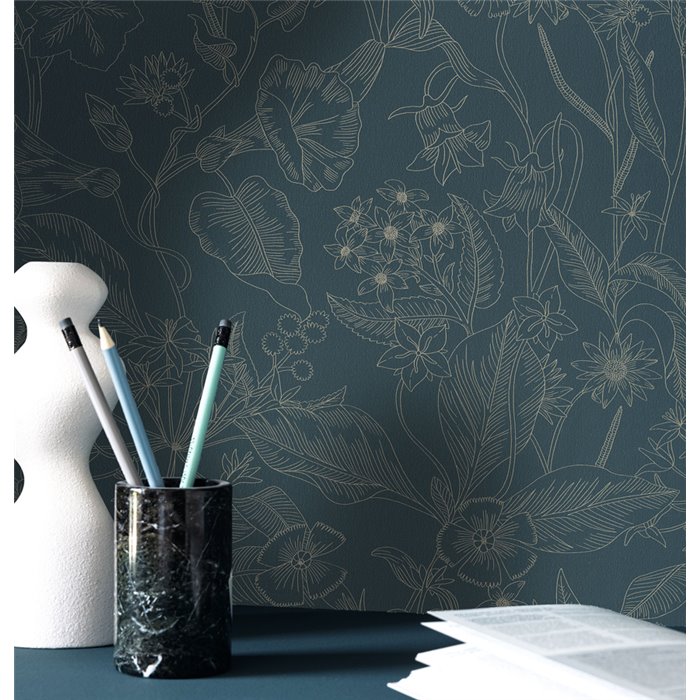 Caselio|Papel pintado floral azul estilo romántico|Flores Romántico