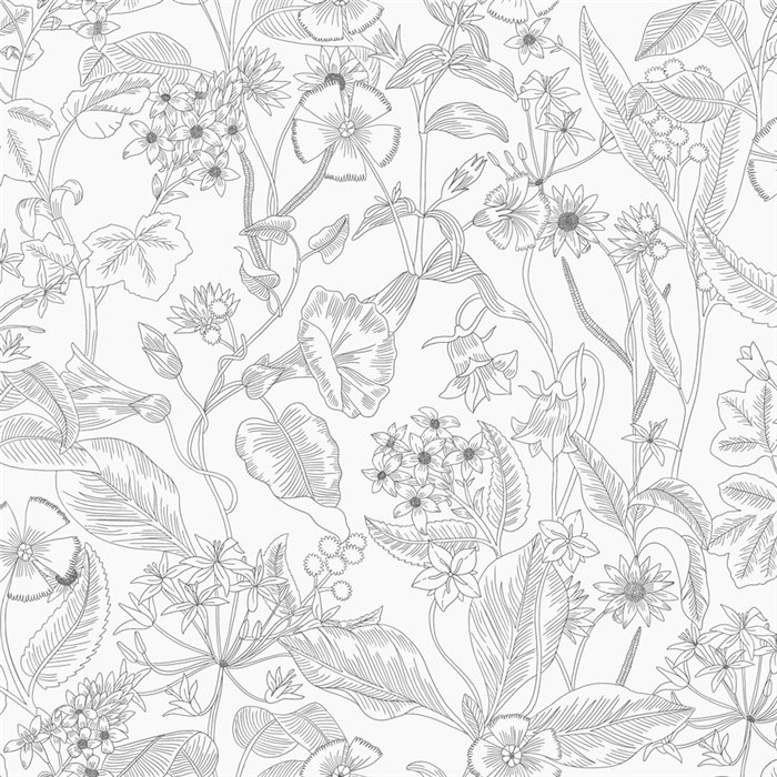 Caselio|Papel pintado romántico con grabados de flores blanco y negro|Flores Romántico