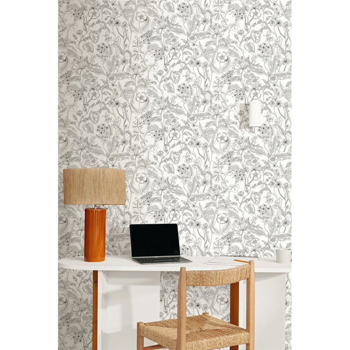 Caselio|Papier peint romantique avec fleurs gravées noir et blanc|Fleurs Romantiques