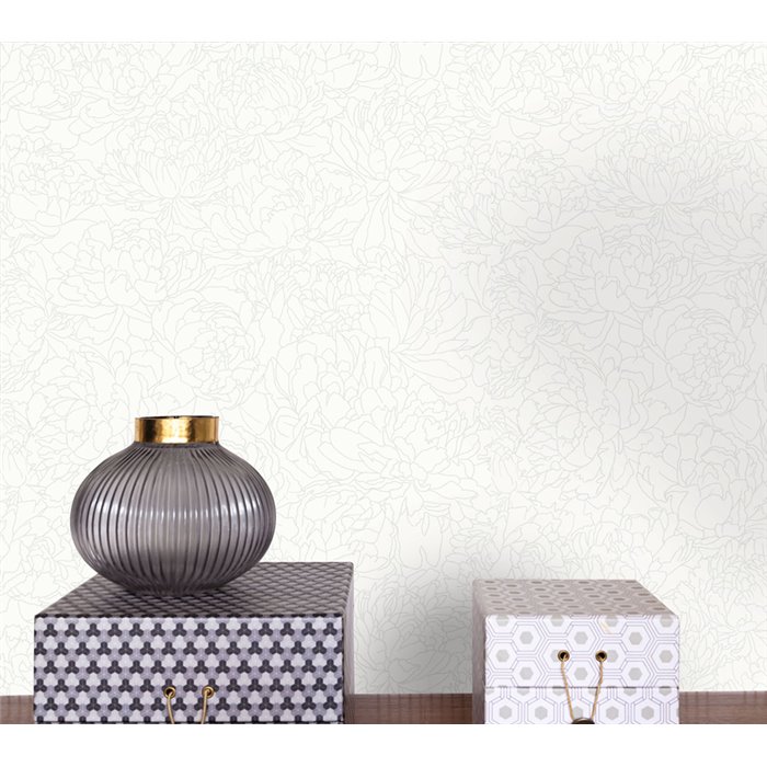 Caselio|Minimalist wallpaper with iridescent white flowers|Bedrooms