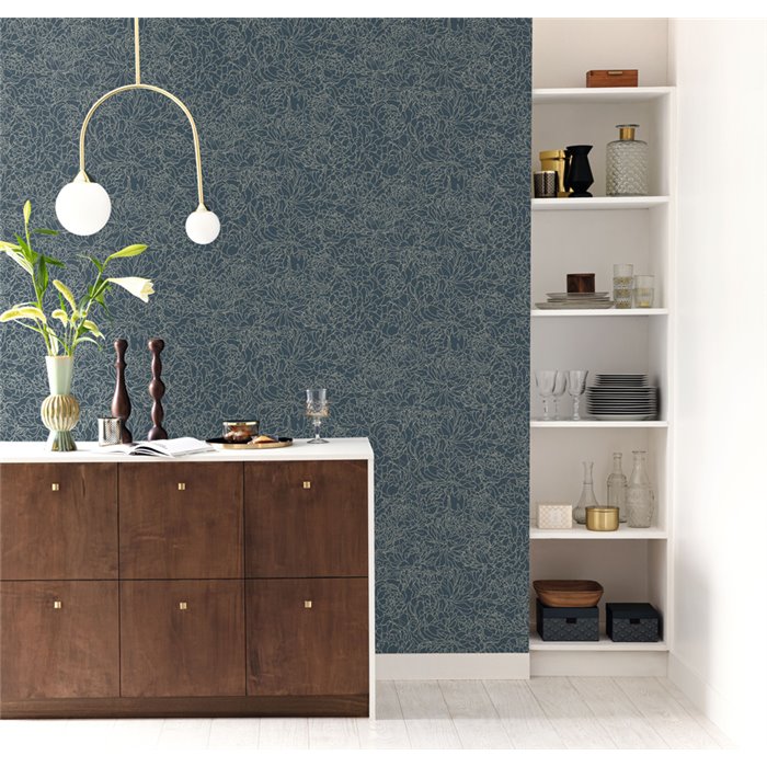 Caselio|Papier peint floral bleu et or brillant, idéal pour le salon|Hôtellerie