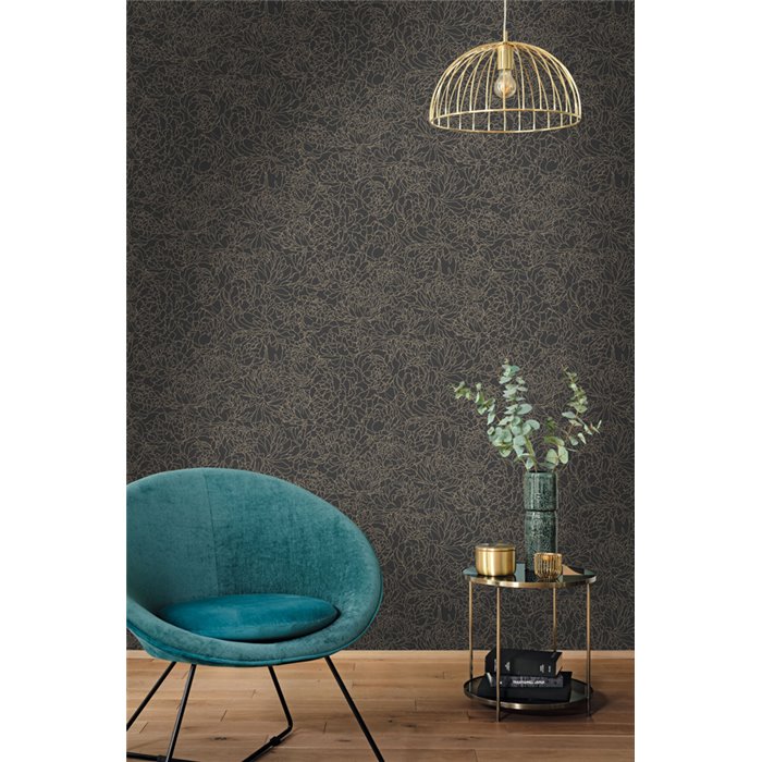 Caselio|Papier peint floral noir et or avec une touche moderne brillante|Hôtellerie