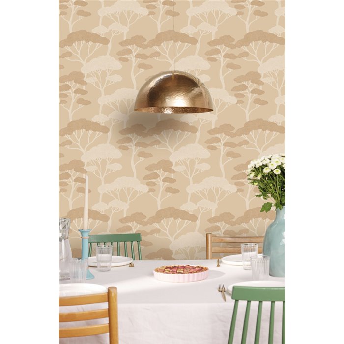 Caselio|Papier peint beige avec pins style pointilliste pour salle à manger|Oriental