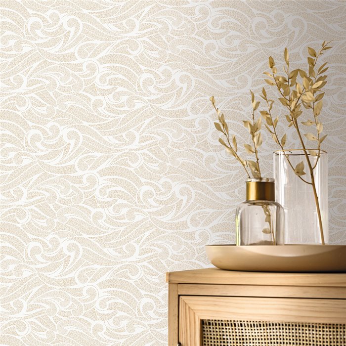 Caselio|Papier peint style arabesque fleurs blanches et dorées|Damas