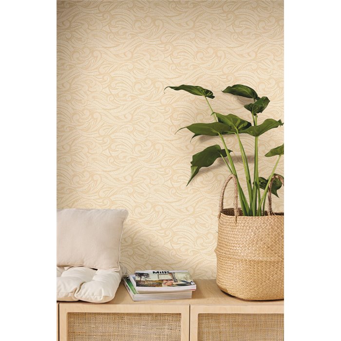 Caselio|Arabeske Tapete mit beigem Blumenmuster|Damast