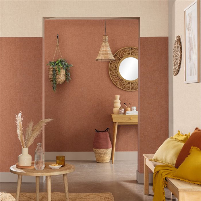 Caselio|Papier peint uni effet lin marron pour salon|Imitation Tissu