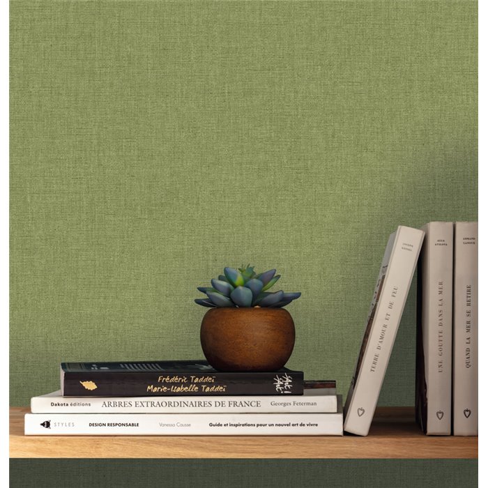 Caselio|Green linen wallpaper with plain flamed effect|Fabric Imitation