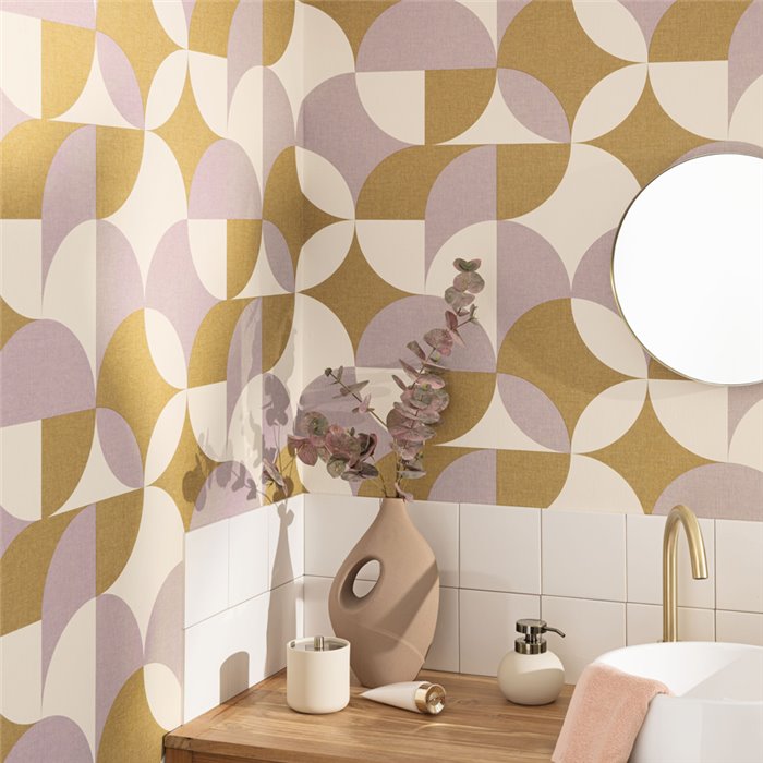 Caselio|Retro bathroom wallpaper with violet and khaki circles|Retro