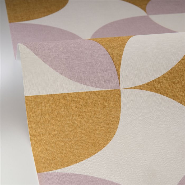 Caselio|Papel pintado retro para baño con círculos violetas y caqui|Retro