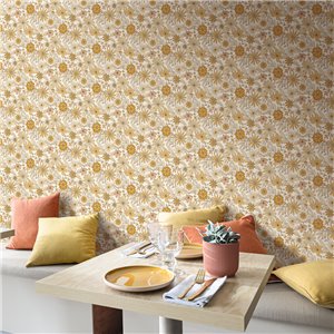 Caselio|Hippie floral wallpaper in blue and orange, ideal for youth rooms|Floral 2