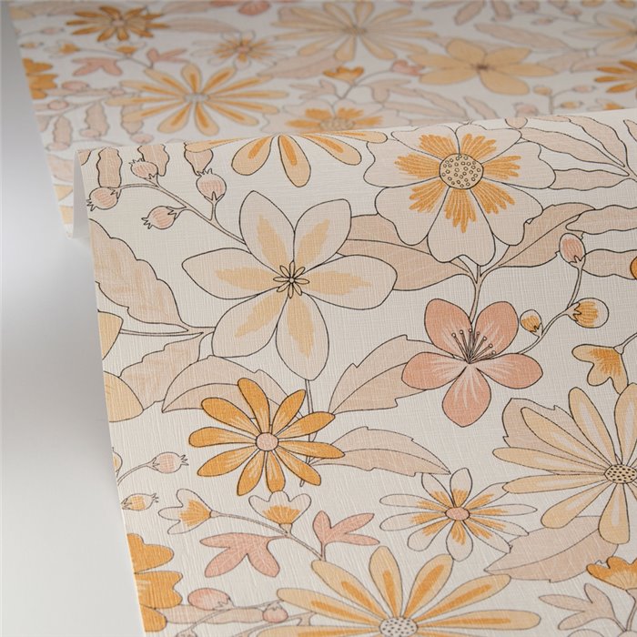 Caselio|Papel pintado flores años rosa y amarillo|Floral