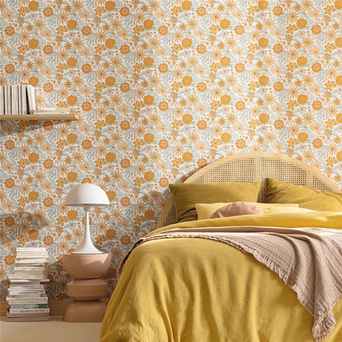Caselio|Papier peint fleuri hippie bleu et orange, idéal chambre jeune|Floral
