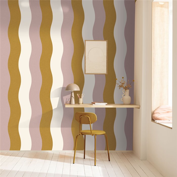 Caselio|Tapete retro wellige grün-violette Streifen|Retro