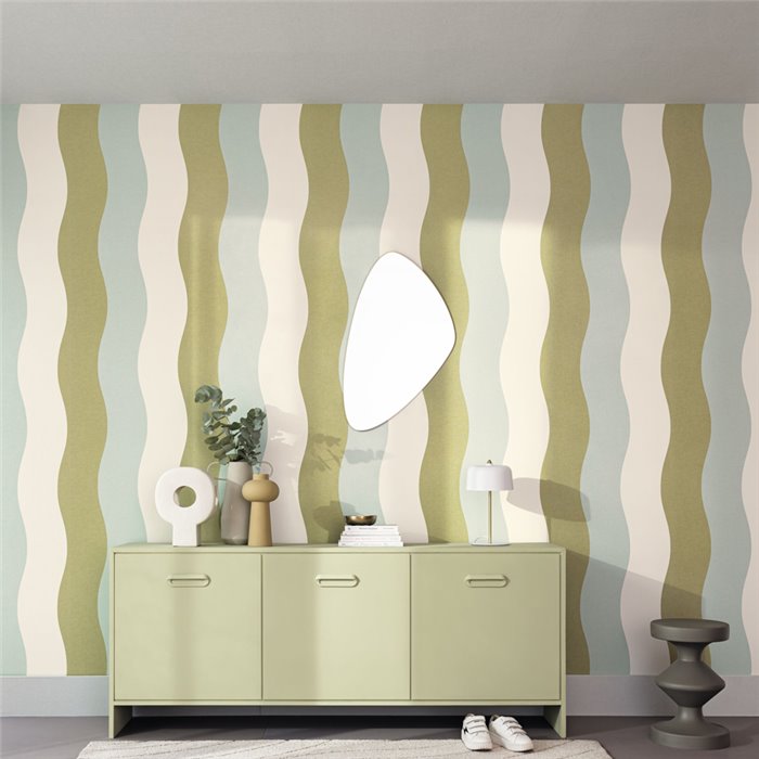 Caselio|Retro wavy blue and green striped wallpaper|Retro