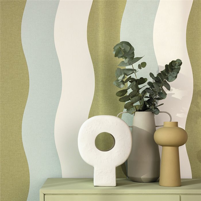 Caselio|Retro wavy blue and green striped wallpaper|Retro