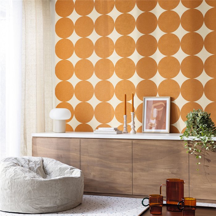 Caselio|Retro-Tapete mit orangefarbenen Kreisen imer-Jahre-Stil|Kreisen