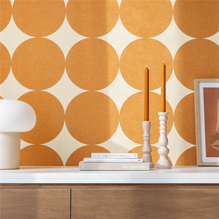 Caselio|Retro-Tapete mit orangefarbenen Kreisen imer-Jahre-Stil|Kreisen