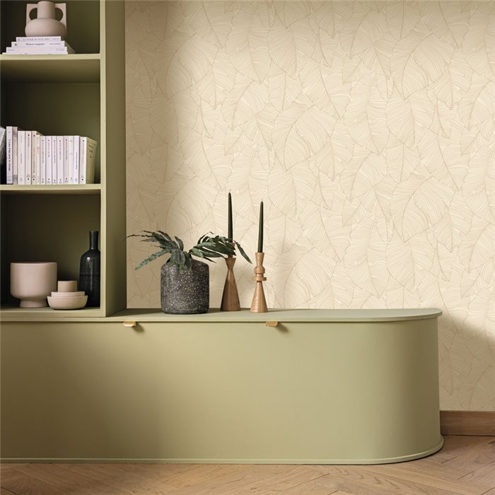 Caselio|Papel pintado hojas tropicales de borneo beige|Moderno