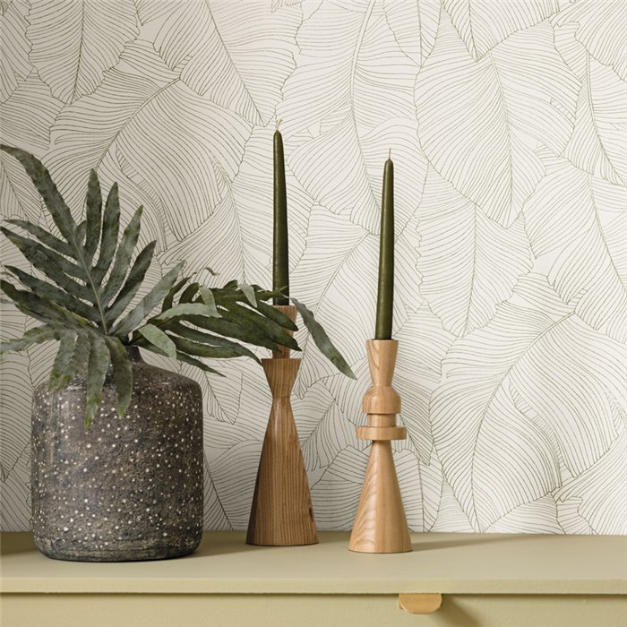 Caselio|Weiße große Blätter Tapete im Collagenstil|Modern