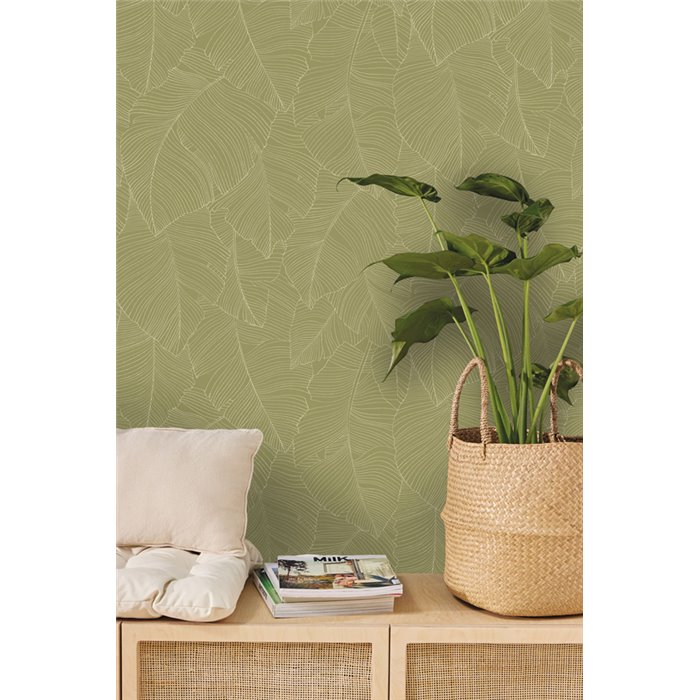 Caselio|Papier peint grandes feuilles tropicales vertes|Salón