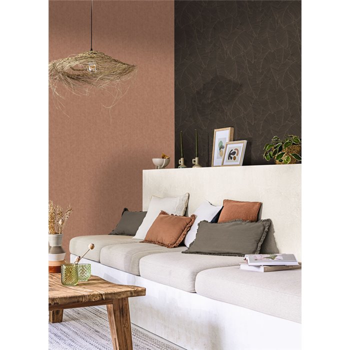 Caselio|Black and brown floral large leaf wallpaper|Living Room