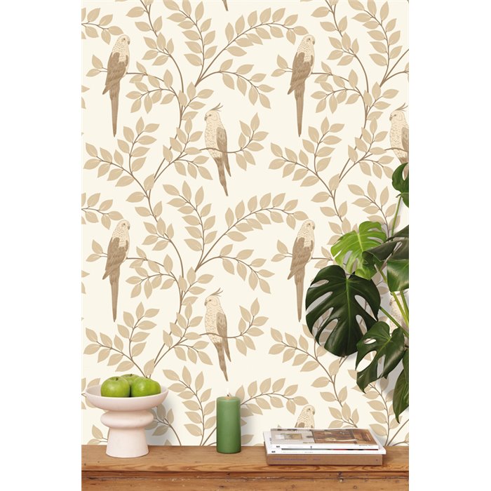 Caselio|Papel pintado flores con cacatúas y periquitos|Tropical
