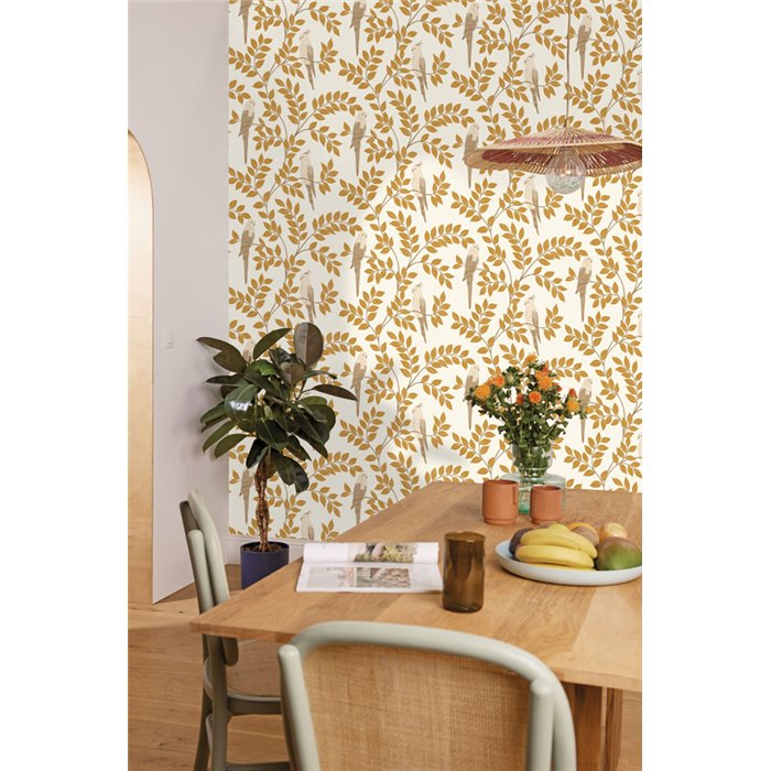 Caselio|Papier peint floral exotique avec cacatoès ocre|Tropical