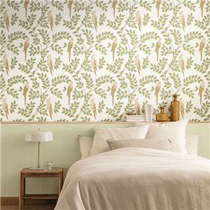 Caselio|Papel pintado floral tropical con periquitos verde|Tropical 2
