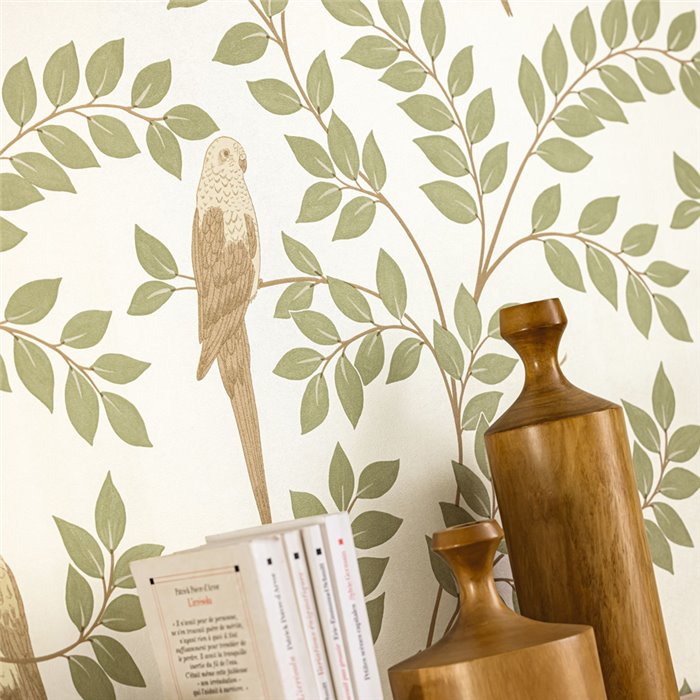 Caselio|Papier peint vert avec fleurs et oiseaux tropicaux|Tropical