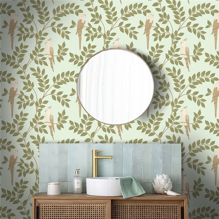 Caselio|Floral wallpaper with parakeets in sky blue and khaki|Tropical
