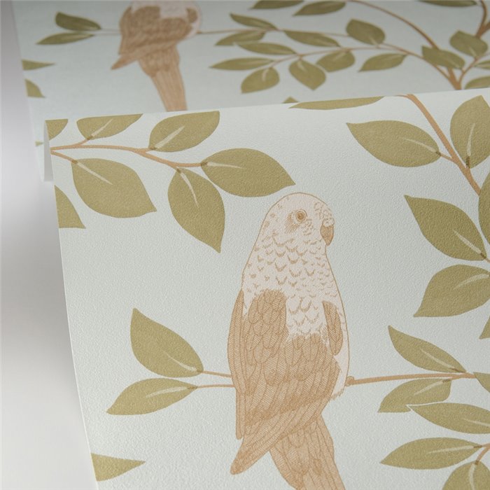 Caselio|Papel pintado floral con periquitos celeste y caqui|Tropical