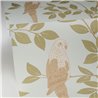 Caselio|Papel pintado floral con periquitos celeste y caqui|Tropical
