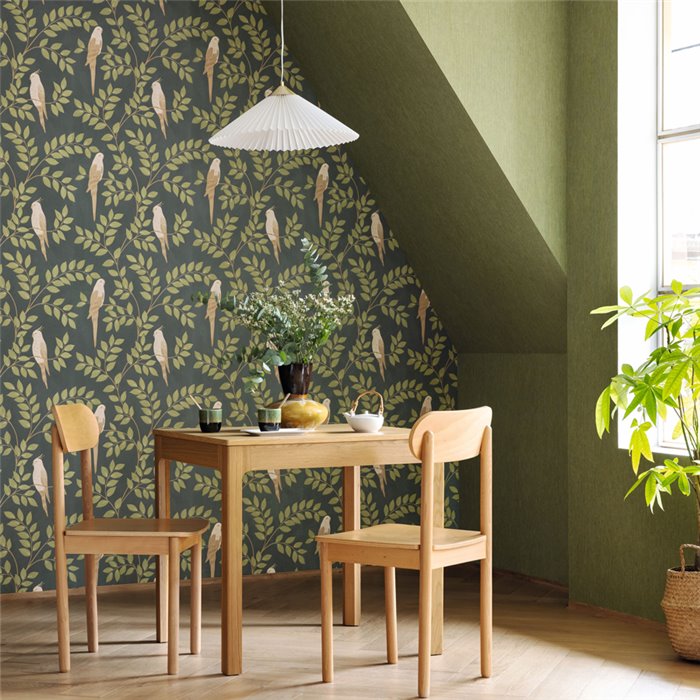 Caselio|Papier peint floral tropical avec perruches vertes|Tropical