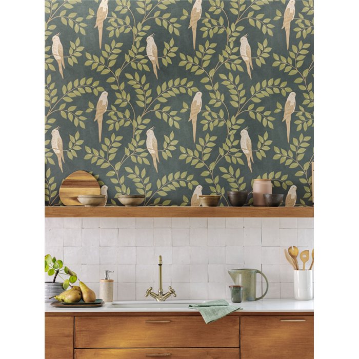 Caselio|Tropical floral wallpaper with green parakeets|Tropical