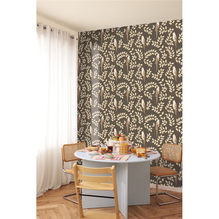 Caselio|Tropische Tapete mit schwarzen Sittichen|Tropische