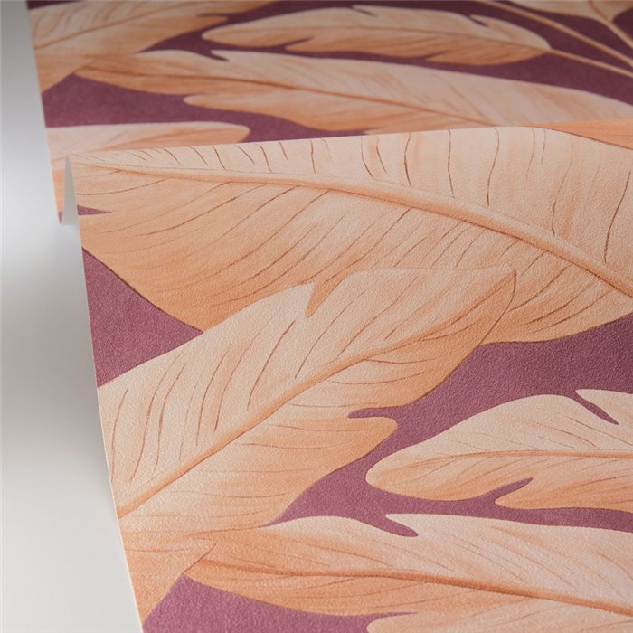 Caselio|Tropical wallpaper with large plum-colored banana leaves|Tropical