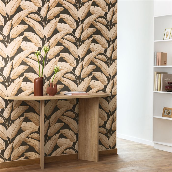 Caselio|Papier peint grandes feuilles de bananier noires|Tropical