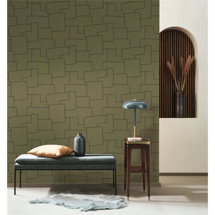 Papel pintado moderno efecto textil verde con bordados de patrones geométricos - Casadeco Matera 201127575