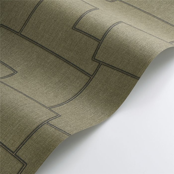 Casadeco|Moderne grüne Textiltapete mit gestickten geometrischen Mustern|Textilimitation