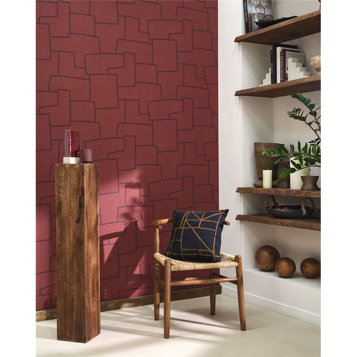 Casadeco|Papel pintado moderno rojo efecto textil bordado y geométrico|Imitacion Tela