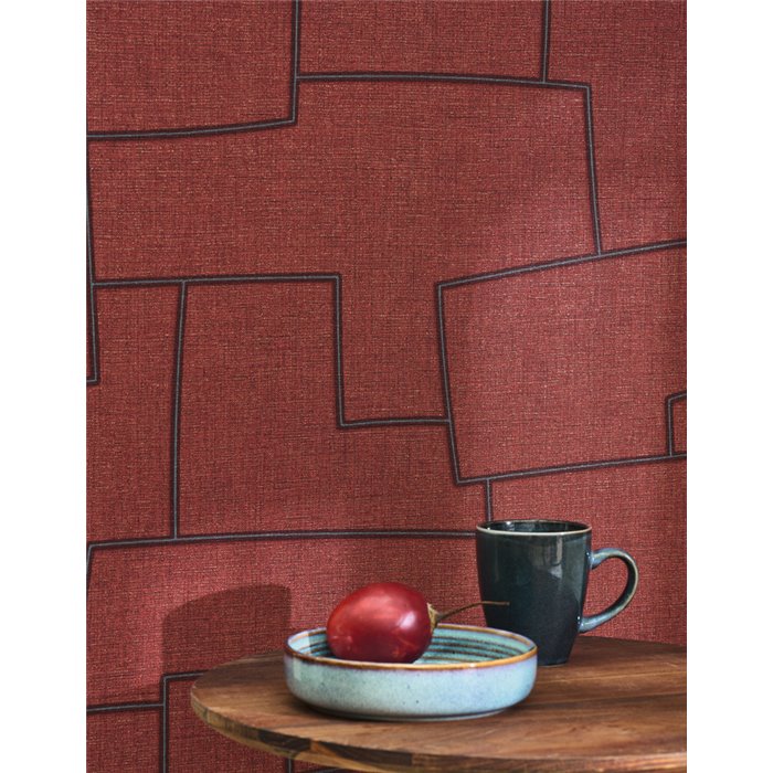 Casadeco|Modern red textile wallpaper with embroidered geometric design|Fabric Imitation