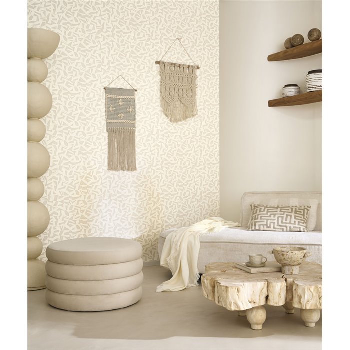 Casadeco|Papier peint effet lin blanc cassé avec motifs géométriques style ethnique|Papier Peint