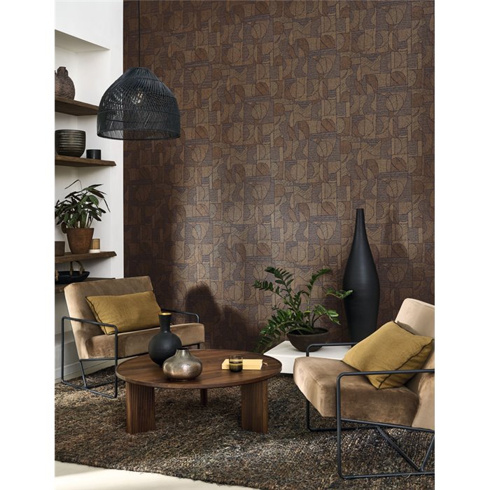 Casadeco|Beige ethnic-style patchwork wallpaper with modern look|Ethnic