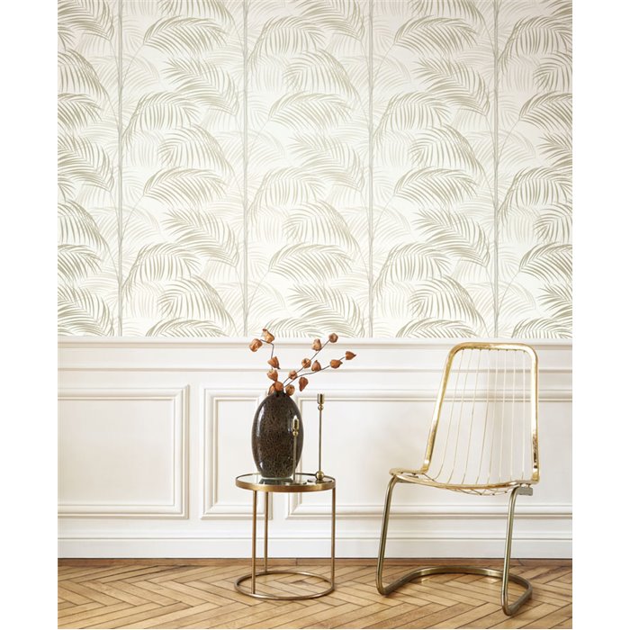 Casadeco|Papel pintado hojas de palmera elegante blanco y beige brillo|Floral