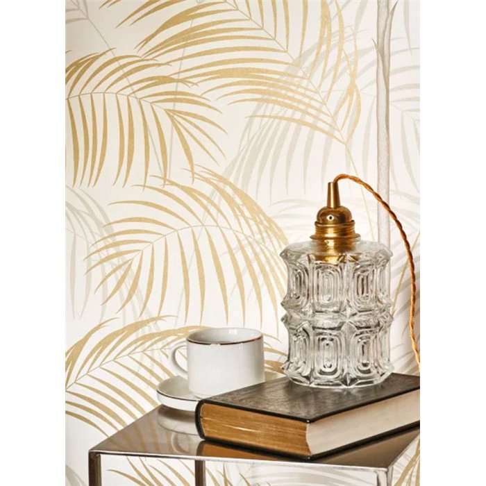 Casadeco|Papel pintado elegante con hojas de palmera blanco, dorado y plateado|Tropical