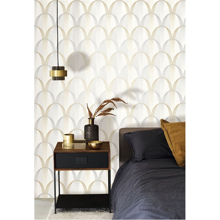Casadeco|Weiße Art-Déco-Tapete mit irisierenden Bögen|Tapeten
