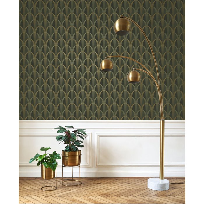 Casadeco|Art Deco wallpaper with iridescent arches in green and yellow tones|Wallpaper