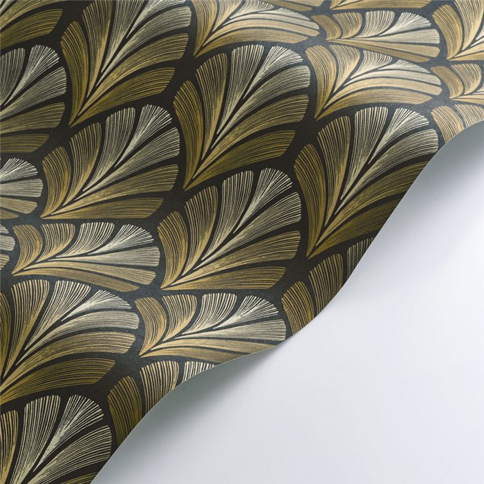 Casadeco|Papel pintado para dormitorio negro con hojas de palma estilo art deco|Papel Pintado